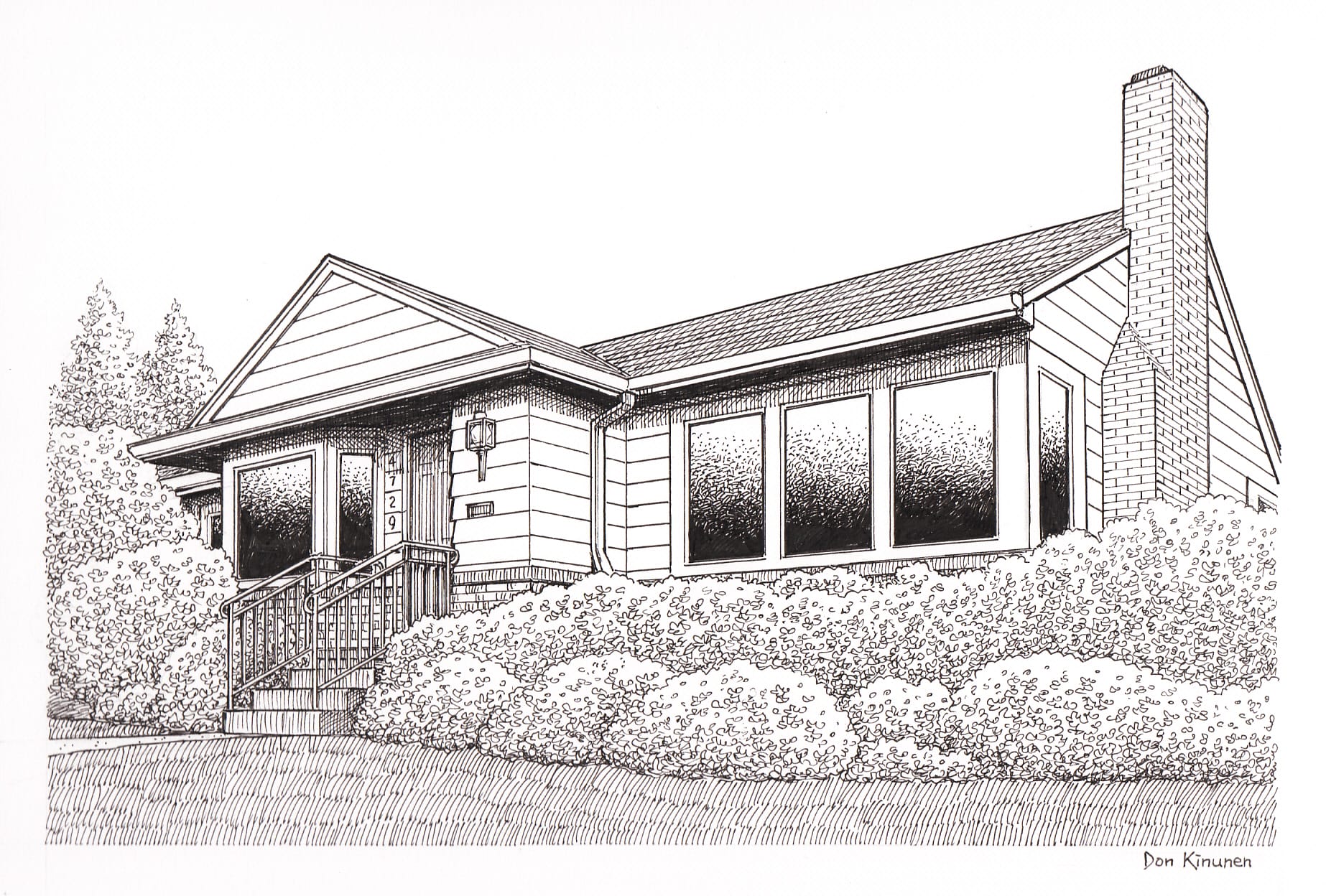 Black and white sketch of a suburban house with a gable roof, large front windows, and a chimney. The house has a small porch with steps and is surrounded by bushes. The illustration is detailed, highlighting the siding and wooden railing.
