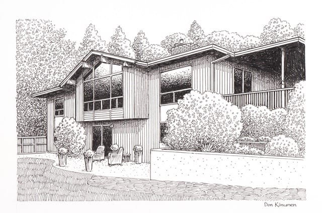 A detailed pen drawing of a modern, two-story house with large windows, surrounded by trees and shrubs. The home features a sloped roof and a paved driveway leading to the entrance.