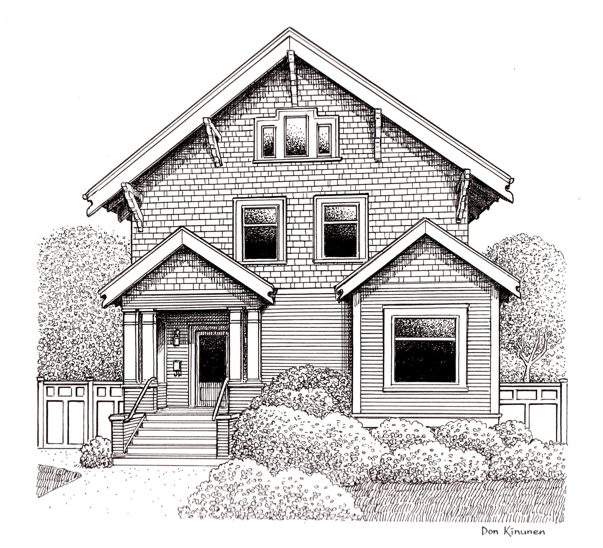 Illustration of a two-story house with a shingled upper facade, large windows, and a central entrance with steps. Surrounding the house are bushes and trees, with a visible wooden fence on each side.