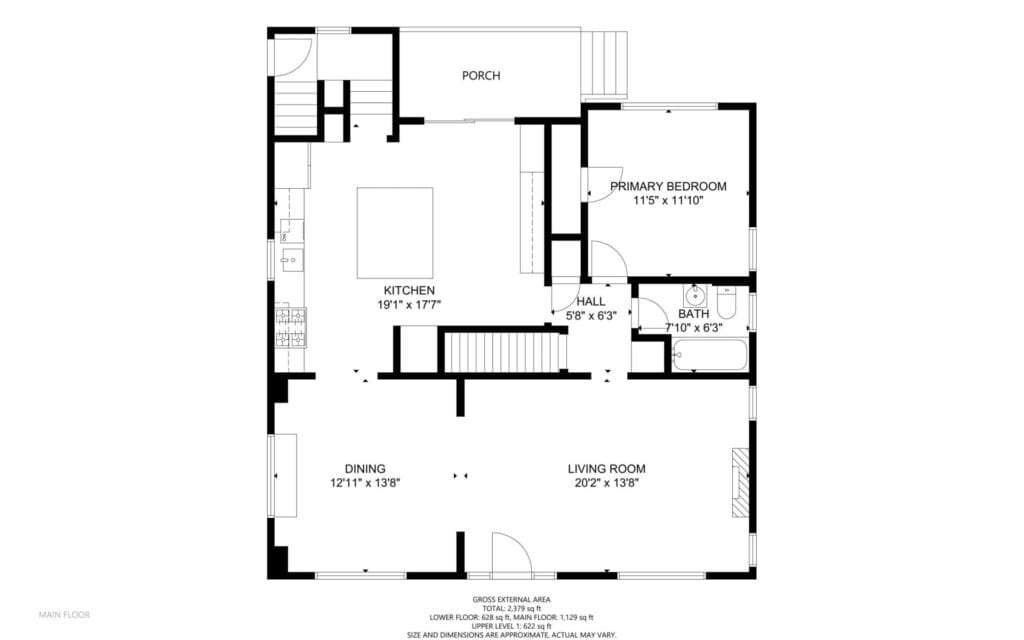 Floor plan of a house featuring a kitchen, dining room, living room, porch, primary bedroom, hall, and bathroom. The kitchen measures 197 x 179, and the living room is 202 x 1311. Other dimensions are also labeled.