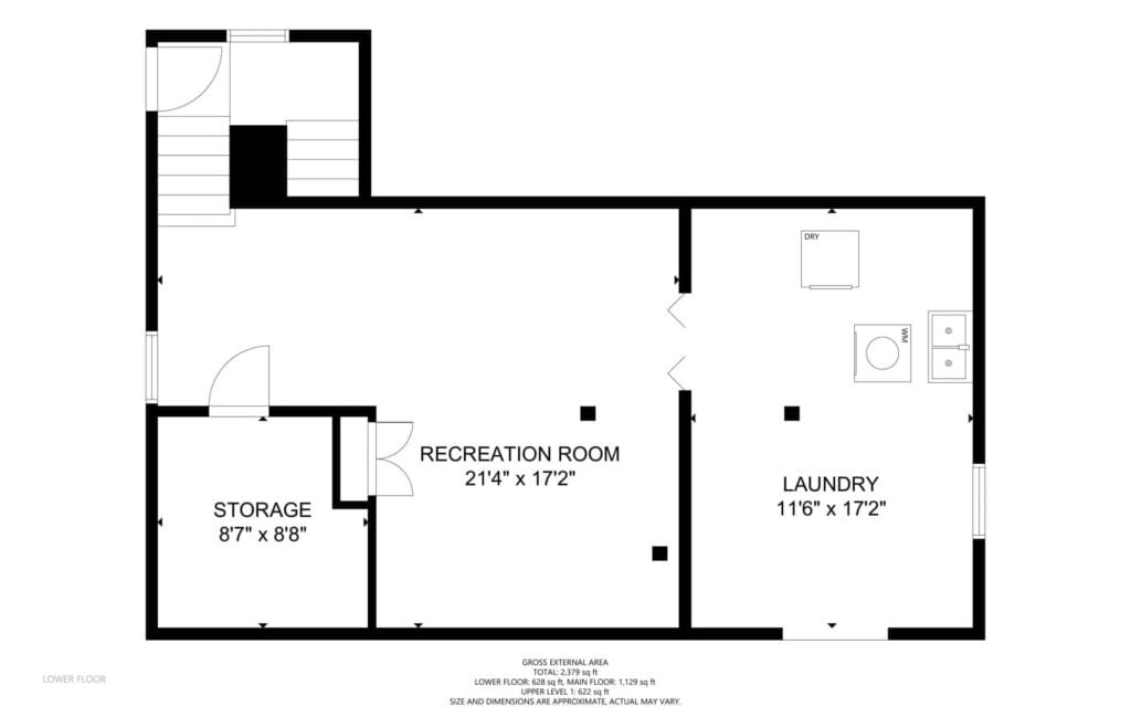 Floor plan of a lower level featuring a recreation room, storage area, and laundry room. The recreation room measures 214 x 172, storage is 87 x 88, and laundry is 116 x 172. Includes stairs and a washer/dryer area.