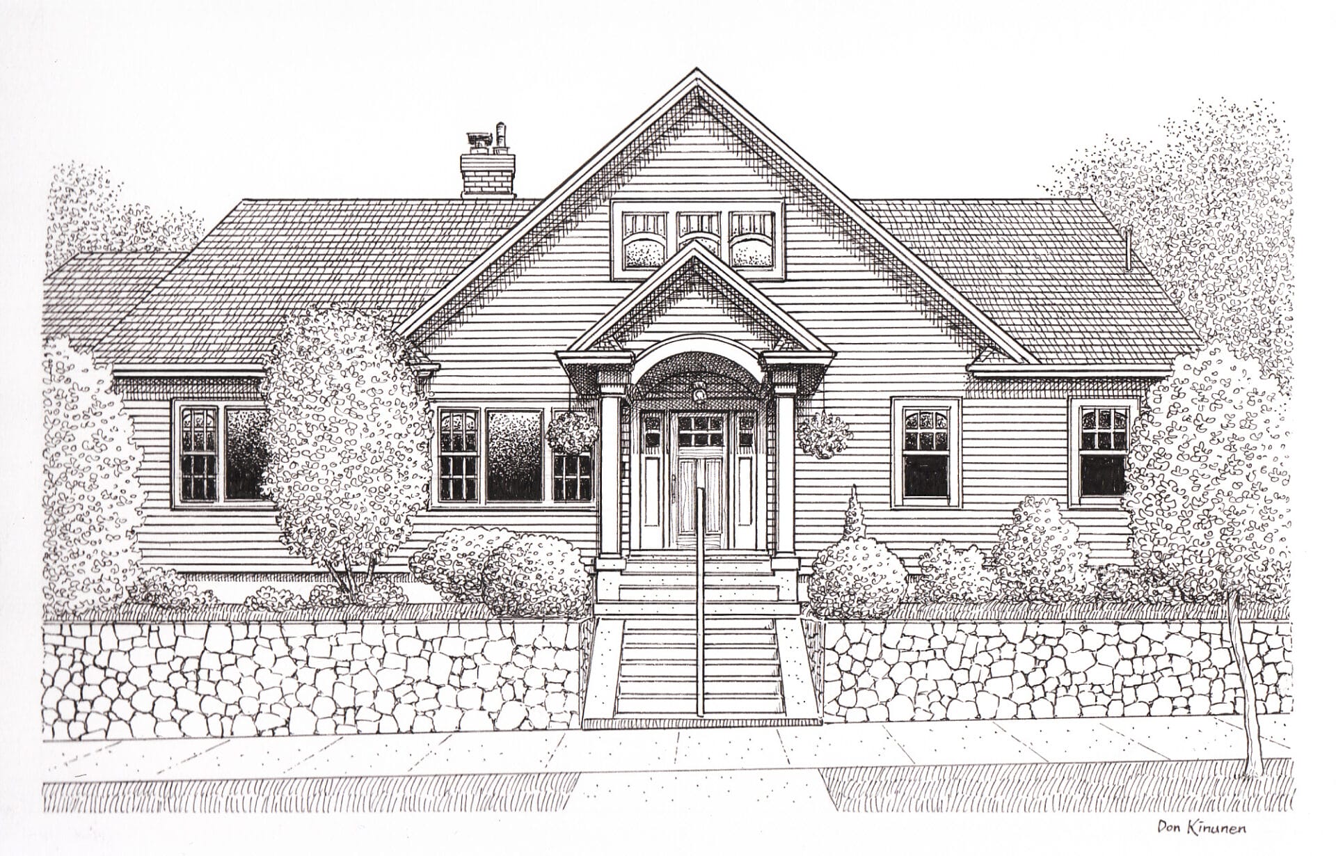 A detailed pen drawing of a two-story house with a gabled roof, centered entrance with stairs, and symmetrical windows. It features a stone retaining wall, surrounded by trees and shrubs.