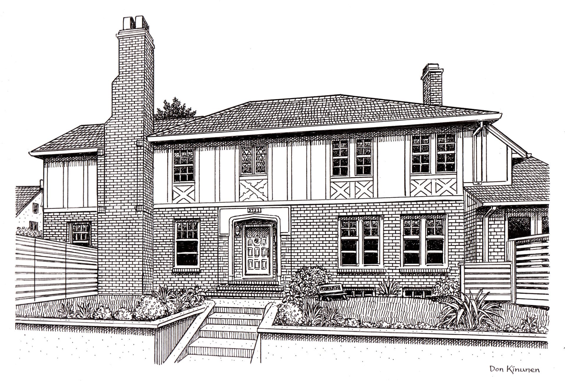 Black and white illustration of a two-story brick house with detailed architectural features, including large windows, a chimney, and a central entrance with steps. The front yard has a mix of shrubs and plants.