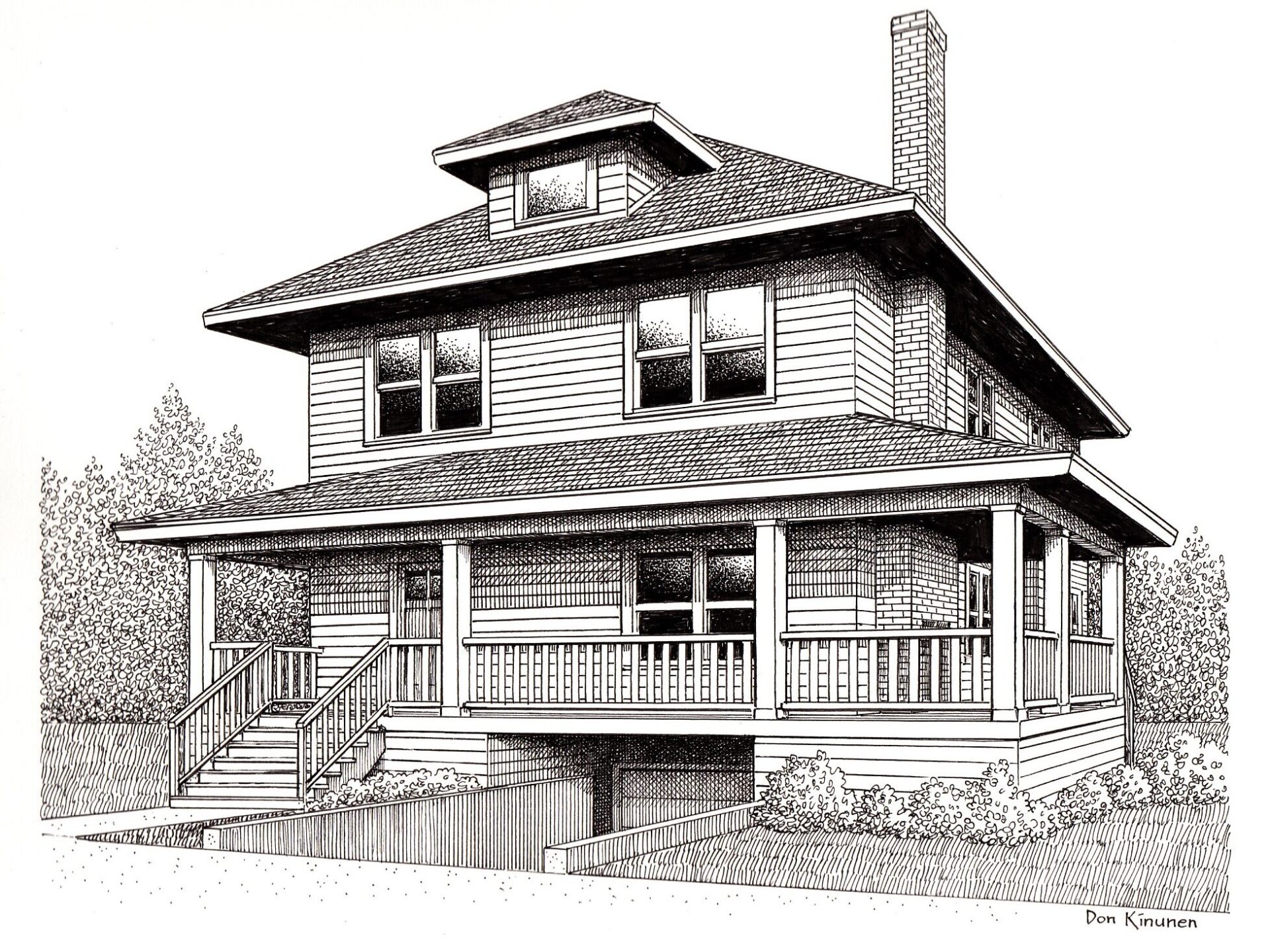 A detailed illustration of a two-story house in Portland, Oregon, showcases a covered porch, chimney, and front steps. The house features multiple windows on each level, surrounded by shrubs and bushes. The drawing is rendered in black and white.