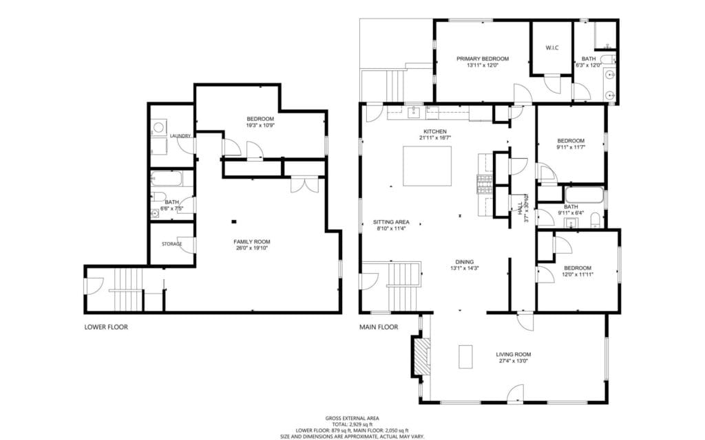 Floor plan of a two-story house. The main floor includes a kitchen, dining room, living room, two bedrooms, and a primary bedroom with a walk-in closet. The lower floor has a family room and an additional bedroom.