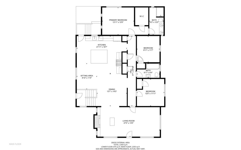 Floor plan of a house, showing a primary bedroom with ensuite bathroom and walk-in closet, two additional bedrooms, a bathroom, kitchen, dining area, living room, and sitting area. Rooms are labeled with dimensions in feet.