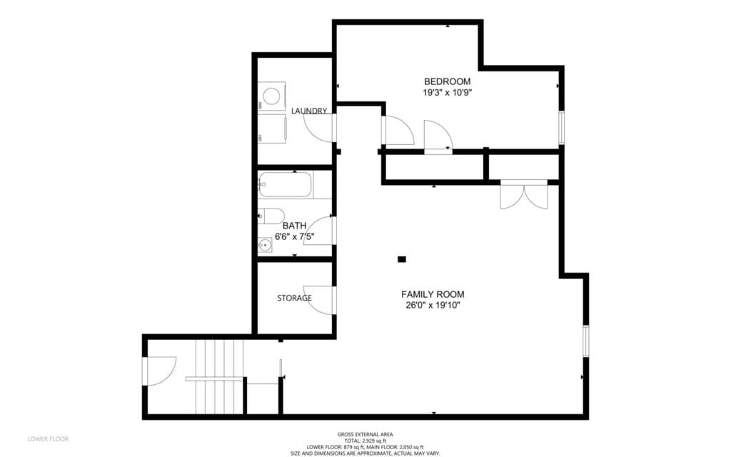 Floor plan showing a lower floor layout. Includes a family room, bedroom, laundry room, bathroom, and storage area. Dimensions are provided for each room, with doors connecting all spaces.