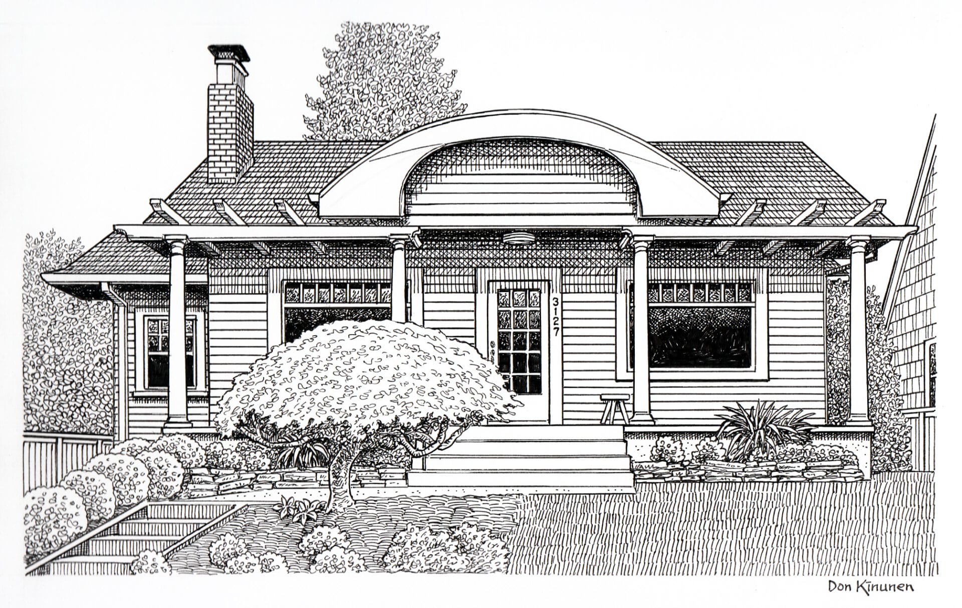 Black and white illustration of a small house with a front porch. The house has a gabled roof, columns, and a central door. A neatly trimmed bush and plants decorate the front yard, and a chimney is visible.