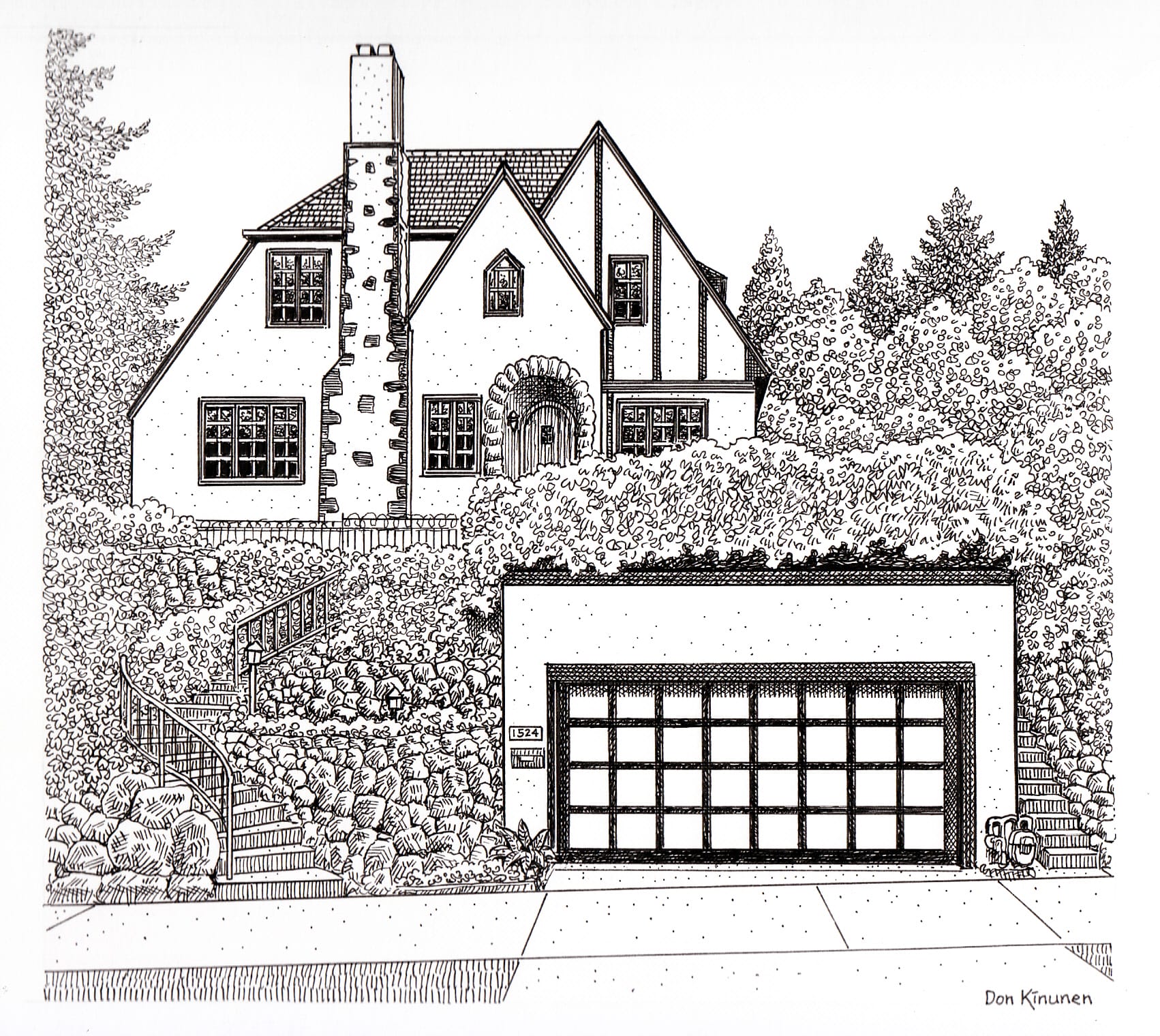 Black and white illustration of a house with Tudor-style architecture, featuring steep gables, a chimney, and a stone pathway leading to an arched entryway. Trees and bushes frame the house, and a garage with a large door is in the foreground.
