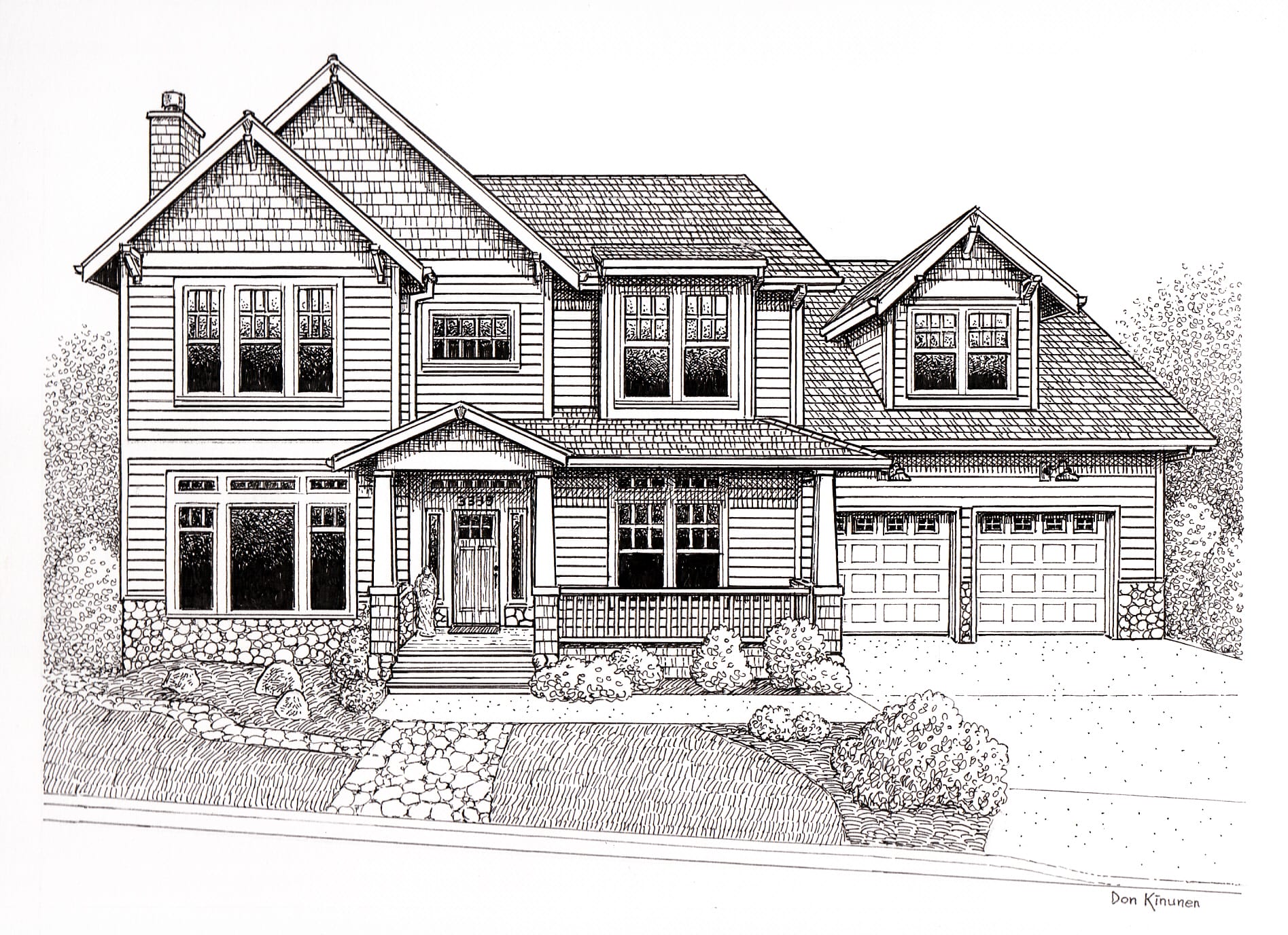 Black and white drawing of a two-story house with a front porch, multiple windows, and a two-car garage. The house features a gabled roof and landscaped front yard.