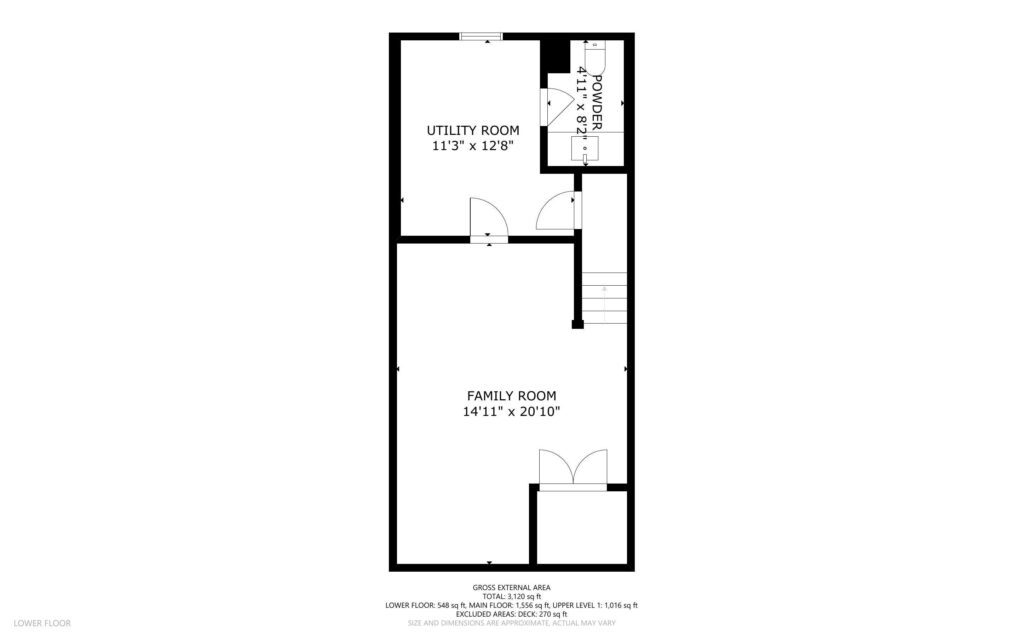 Floor plan of a lower level in Portland, Oregon. Includes a utility room (113 x 128), family room (1411 x 2010), storage area, and staircase. The layout crafted by a top Portland realtor shows door placements and dimensions for each room.