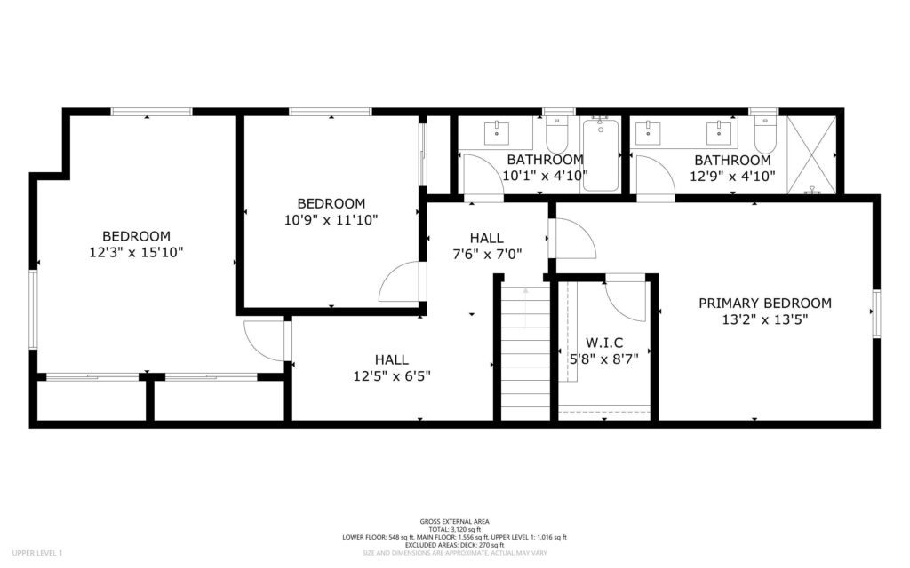 Floor plan showcasing three bedrooms, two bathrooms, a walk-in closet (W.I.C), and hallways. Dimensions for each room and area are labeled. The layout includes room connections and door placements. Black-and-white design reflects the Portland Real Estate market's attention to detail.
