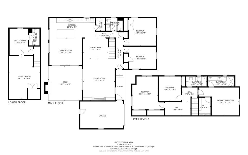 A black and white floor plan reveals three distinct levels: lower floor, main floor, and upper level 1. Labeled rooms include the living room, kitchen, dining area, bedrooms, bathrooms, garage, and utility spaces. Each room's measurements are noted. Perfect for Portland Oregon real estate seekers.