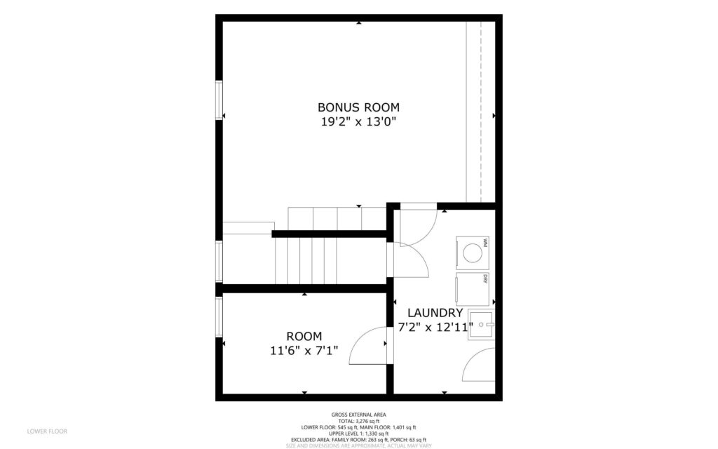 A black and white floor plan of a lower level featuring a bonus room (192 x 130), an adjacent room (116 x 71), and a laundry room (72 x 1211). The layout includes stairs, a doorway, and a small bathroom space.