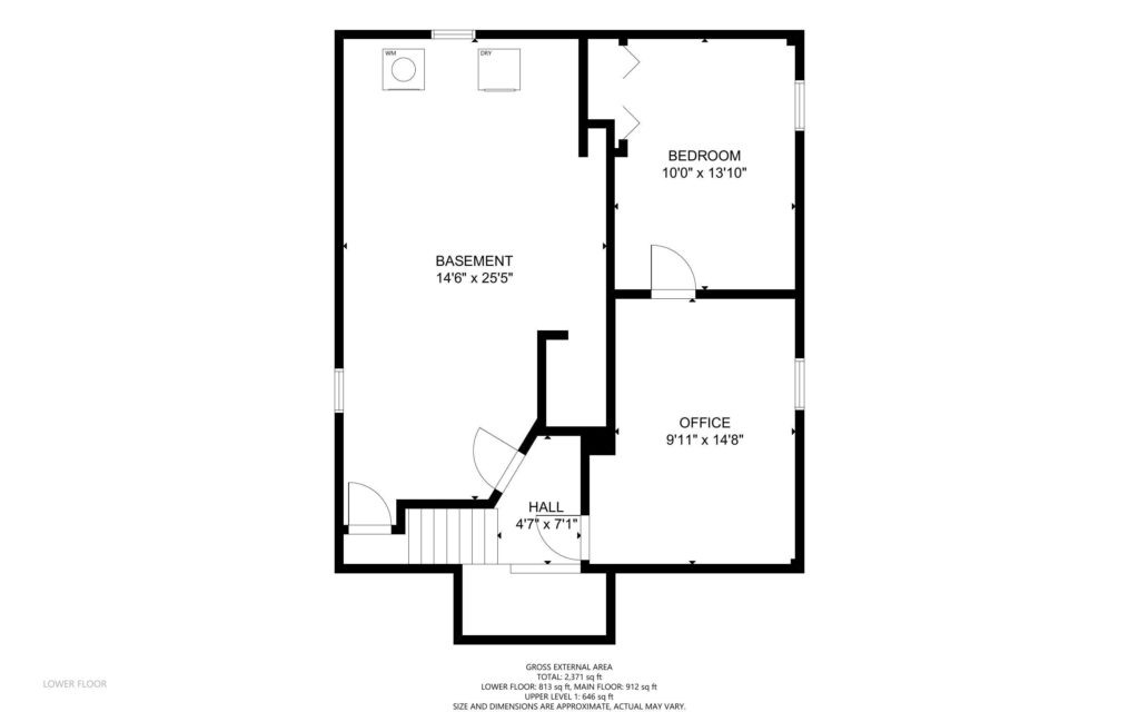 Floor plan of a lower level in Portland, Oregon, featuring a basement measuring 146 x 255, a bedroom 100 x 1310, an office 911 x 146, and a hall 47 x 71. The plan details door placements and room dimensions.