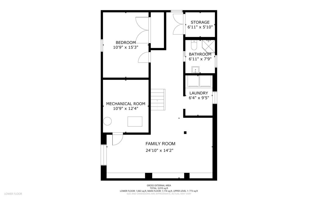 Floor plan of a lower level in Portland, Oregon, featuring a family room, bedroom, mechanical room, storage area, bathroom, and laundry room. Dimensions for each room are labeled, with the family room being the largest space.