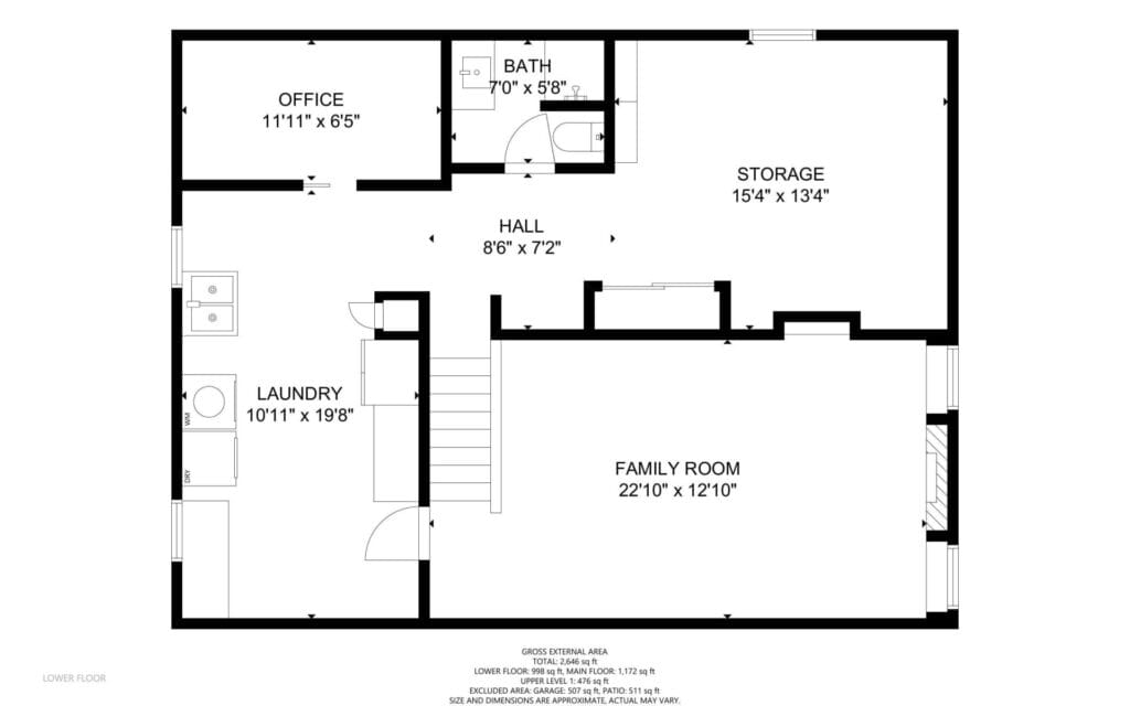 Floor plan of the lower level featuring an office, bathroom, storage, laundry room, and family room. Includes a hall and staircase. Dimensions are provided for each room. Black and white layout.