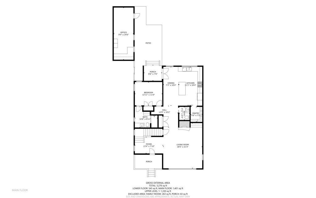 Floor plan of a main floor showing a large living room, dining area, kitchen, porch, bedroom, bathroom, office, and patio. The dimensions of each room are labeled, with stairs leading to another level.