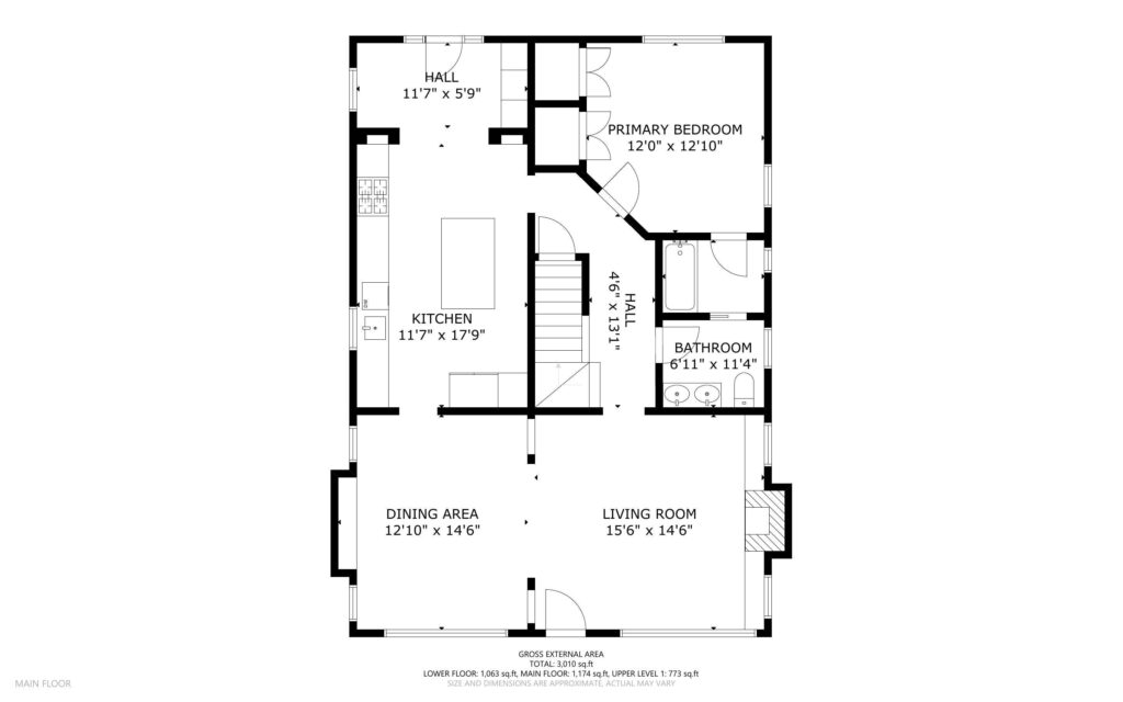 This Portland, Oregon home's main floor features a thoughtfully designed layout with a dining area, living room, kitchen, hall, bathroom, and primary bedroom. Dimensions for each room and a central staircase are included in the floor plan.