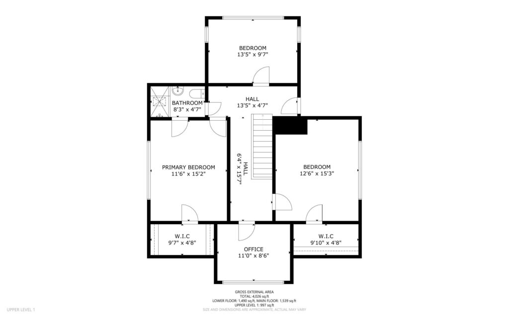Black and white floor plan of an upper level showing three bedrooms, a bathroom, hall, office, and two walk-in closets. The primary bedroom has an en-suite bathroom and a WIC. Dimensions and measurements are included for each room.