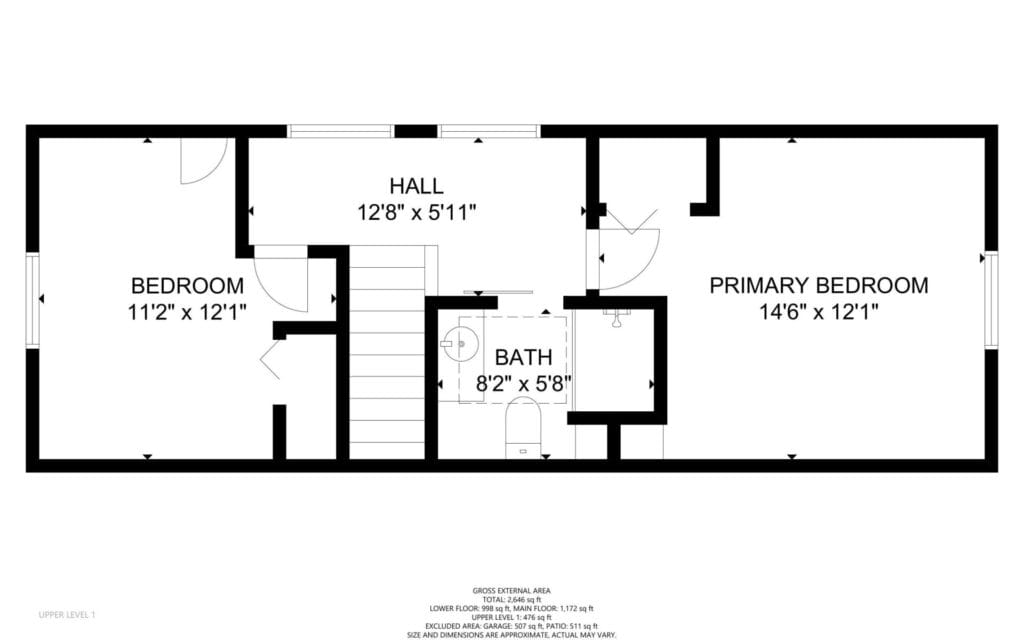 Floor plan of an upper level featuring a hall, bathroom, bedroom (112 x 121), and primary bedroom (146 x 121). Stairs located centrally. Dimensions and labels included for each space.