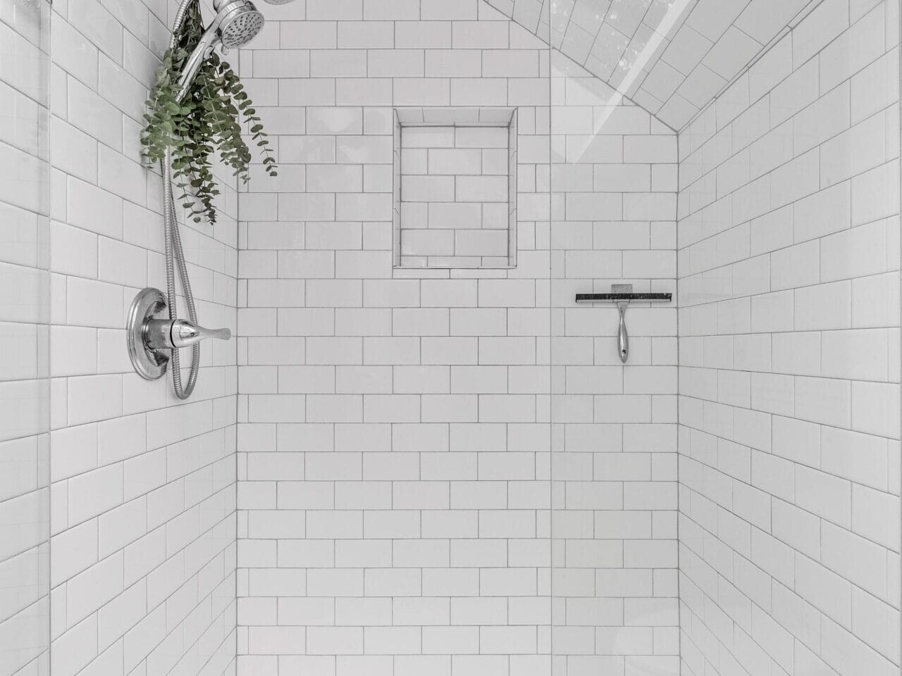 A minimalist white-tiled shower with a glass door, featuring a silver showerhead, a small shelf with a fern plant, and a built-in niche containing a black soap dish. The ceiling tiles match the walls, creating a clean, cohesive look.