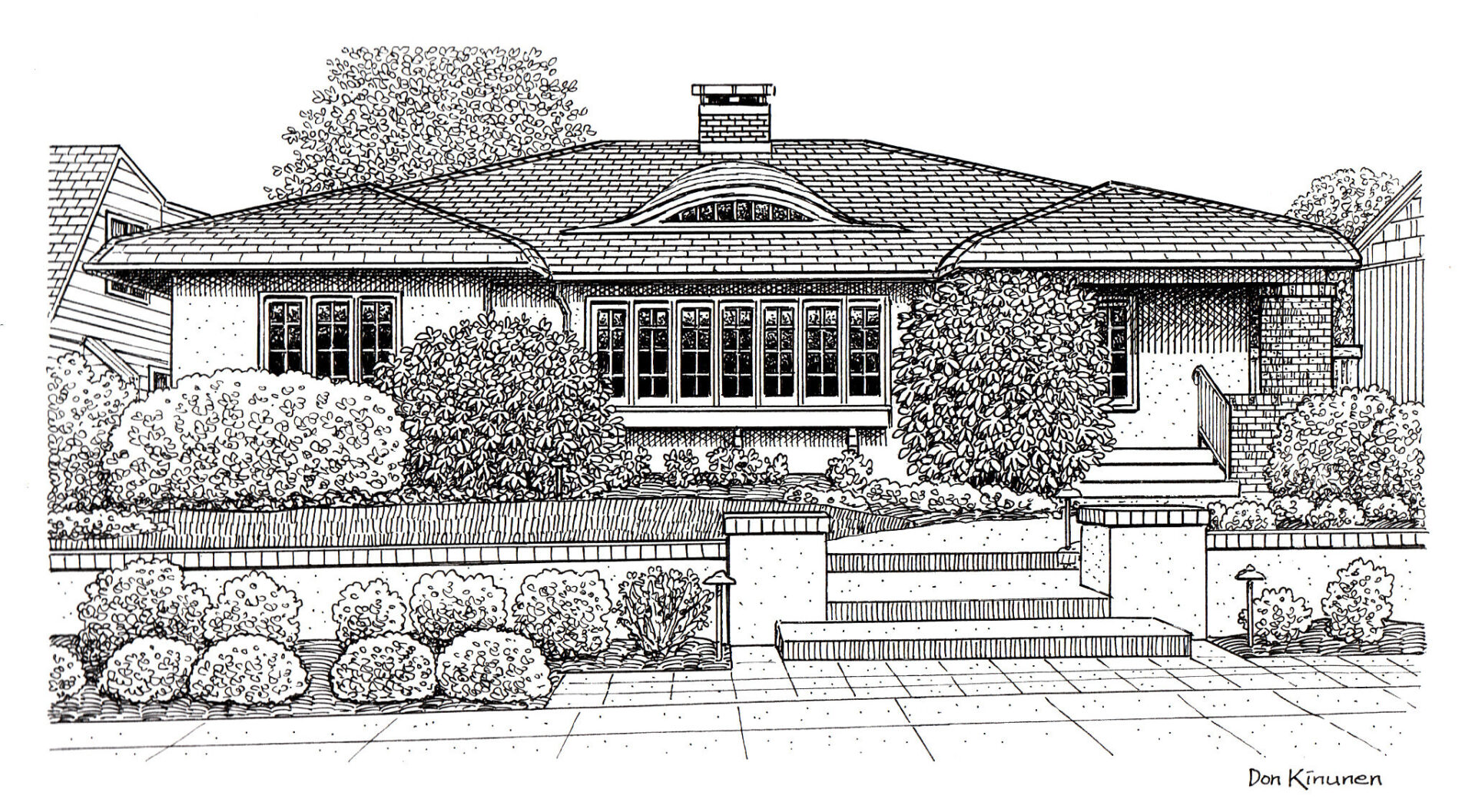 Detailed black-and-white drawing of a Craftsman-style bungalow house with a low-pitched roof, central chimney, and symmetrical windows. Lush bushes and trees border the pathway leading to the steps and front door—an ideal dream home for anyone exploring Portland Oregon real estate.