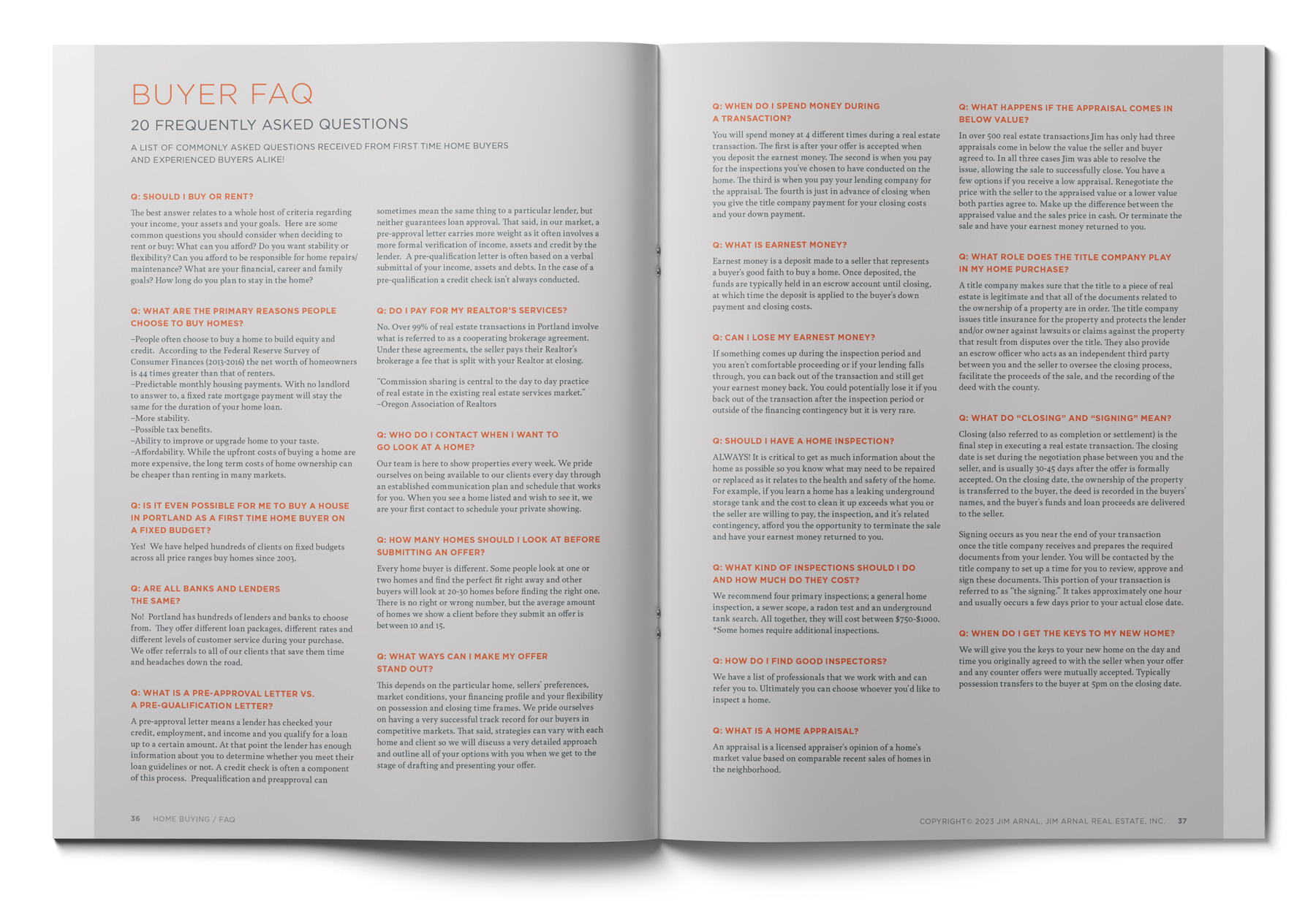 An open magazine features a Buyer FAQ section with 20 frequently asked questions and answers about home buying in Portland, Oregon. Highlighted in orange and black on a light gray background, this insightful spread spans two pages, perfect for anyone seeking guidance from a top real estate agent.