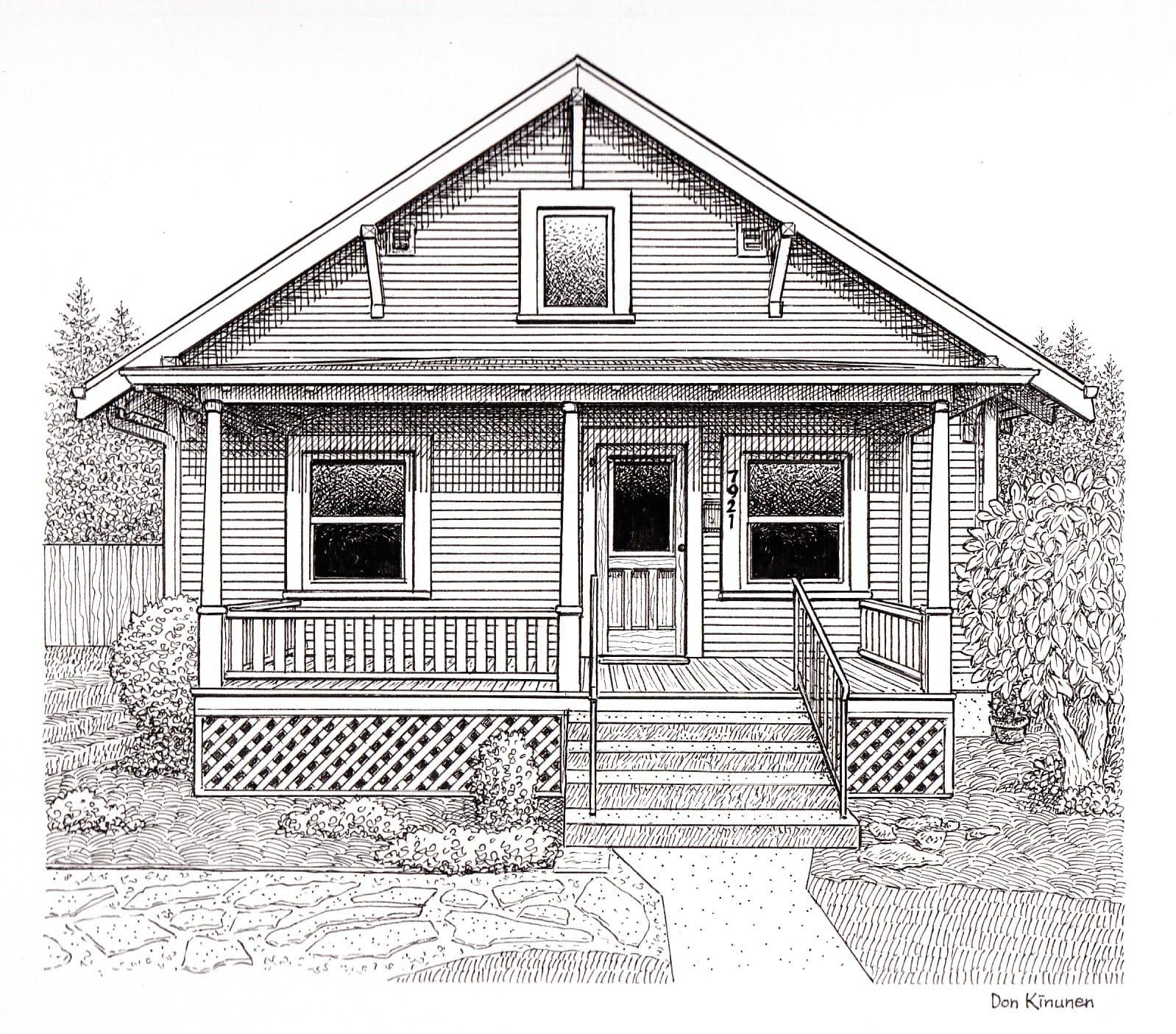 A detailed black and white illustration of a traditional American bungalow with a covered front porch, steps leading up, two windows next to the door, and a small garden with shrubs and trees surrounding it.