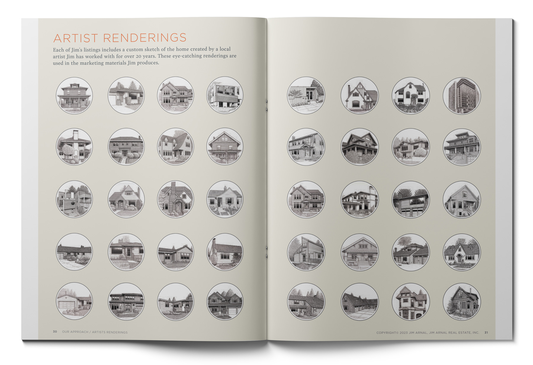 Open book displaying a collection of artist renderings of various homes, perfect for anyone interested in Portland Oregon Real Estate. The page features a grid of circular sketches, each depicting a different house design. The title Artist Renderings is at the top left.