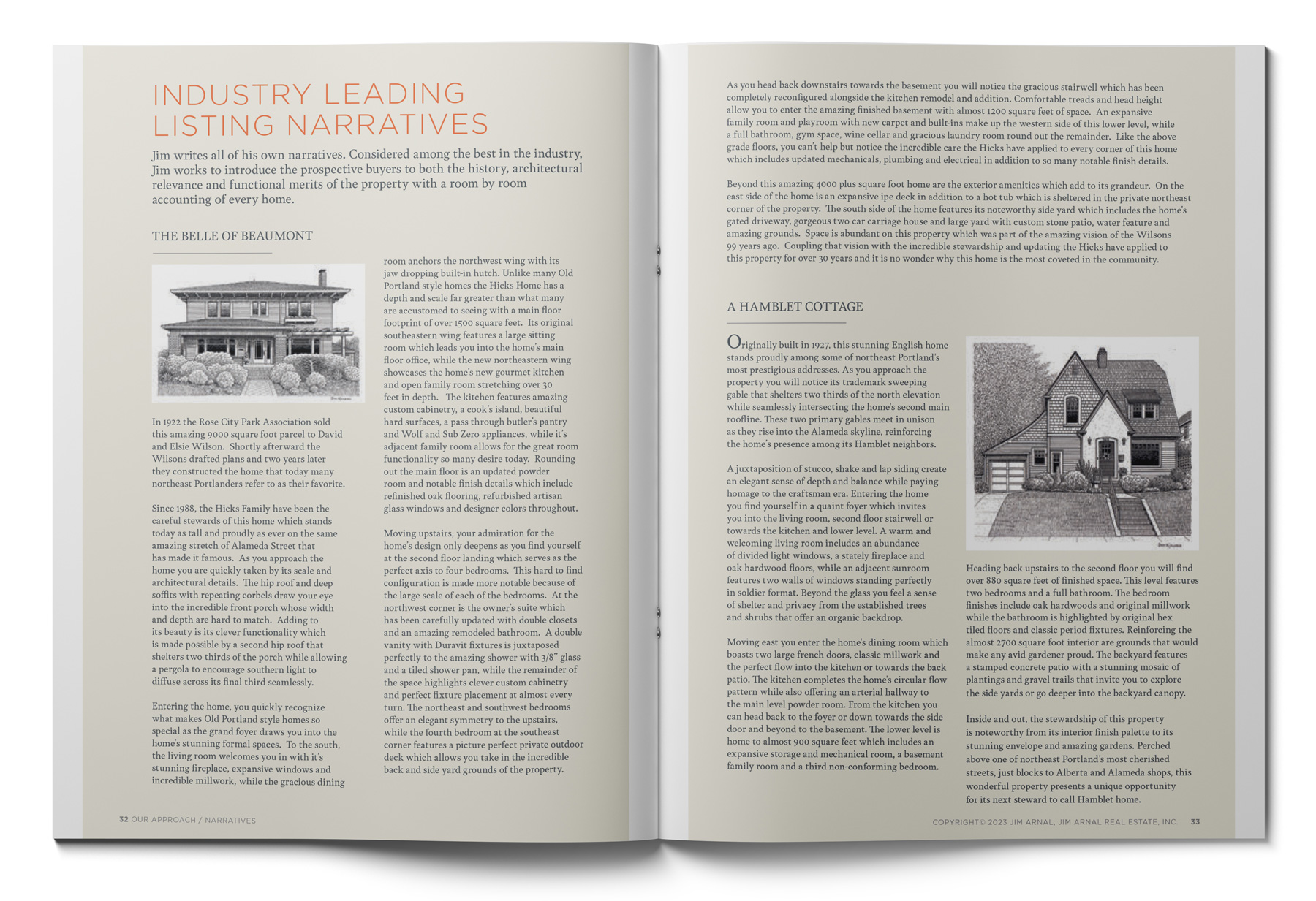 An open magazine displays two pages of Portland Oregon real estate listings. The left page highlights The Belle of Beaumont with descriptive text. The right page details A Hamblett Cottage with text and a black-and-white illustration of a house.