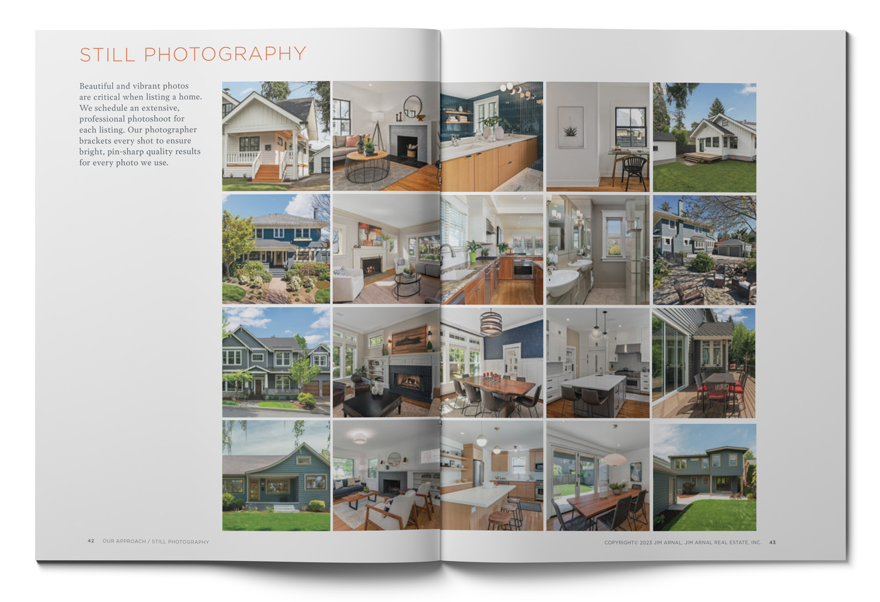 Open magazine spread featuring real estate still photography. Left page contains descriptive text about photography services used by a top real estate agent. Right page showcases 15 images of Portland Oregon real estate interiors and exteriors, highlighting living rooms, kitchens, and outdoor spaces.