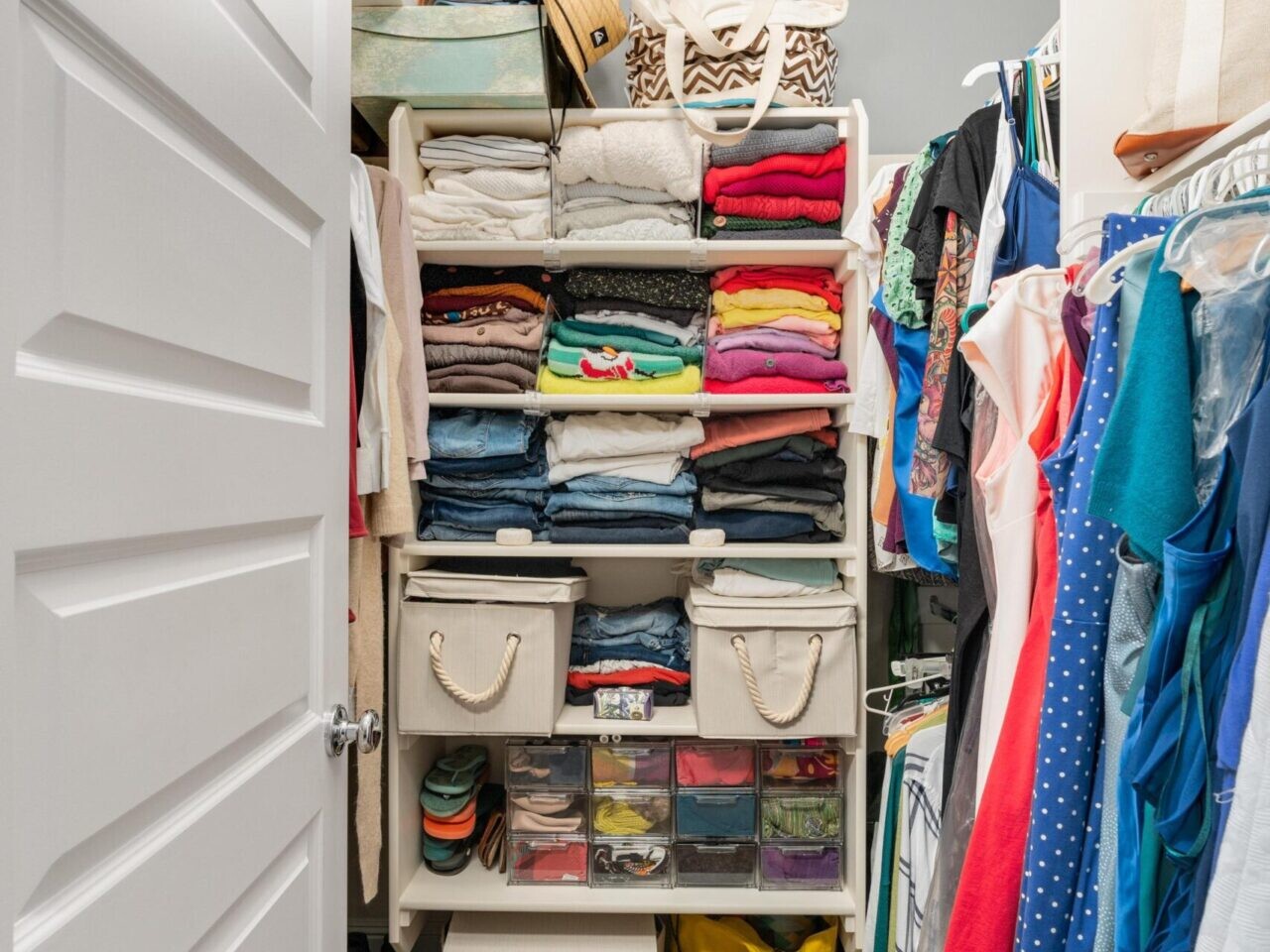 A neatly organized closet reflects the quality Portland Oregon real estate offers, with shelves stacked with folded clothes, baskets, and storage boxes. Hanging clothes exhibit a array of colors, while a cozy carpeted floor leads to a partially open door on the left.