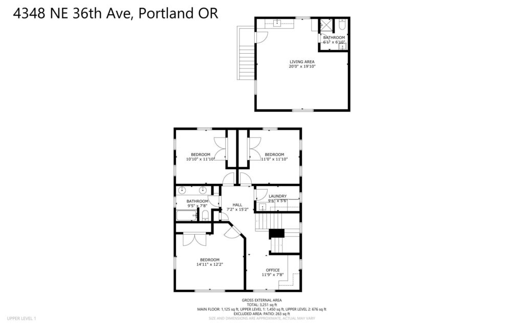 Floor plan of 4348 NE 36th Ave, Portland, Oregon. The upper level features a living area. The main floor includes three bedrooms, kitchen, bathroom, hall, laundry room, and office. Dimensions are labeled for each room.