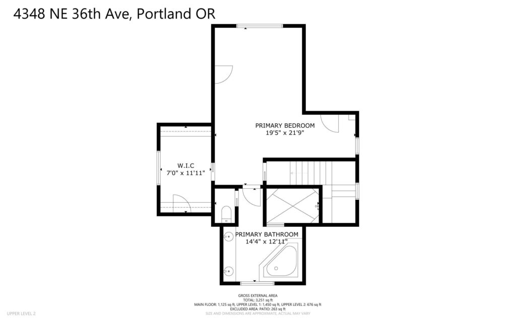 Floor plan of 4348 NE 36th Ave, Portland, Oregon, reveals the upper level 2. Highlights a primary bedroom (195 x 219), W.I.C. closet, and a primary bathroom (144 x 121). The layout includes adjacent rooms and a stairway for seamless navigation.