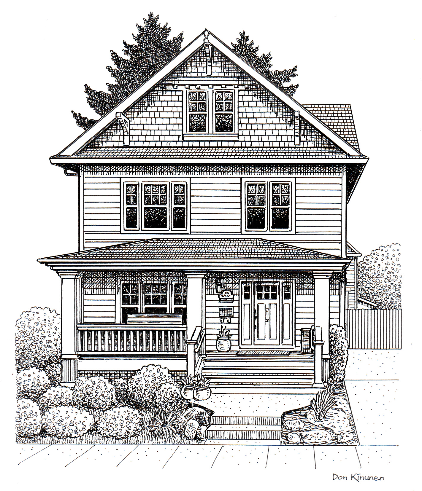 A detailed black and white illustration of a two-story house with a gabled roof, front porch, and wooden siding embodies the charm found in Portland Oregon real estate. The porch, adorned with steps, railings, potted plants, and furniture, is surrounded by lush trees and bushes.