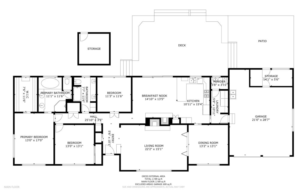 Floor plan displaying a residence layout with labeled rooms: living room, dining room, kitchen, breakfast nook, three bedrooms, primary bathroom, hall, storage, garage, deck, and patio. Measurements for each area are provided.