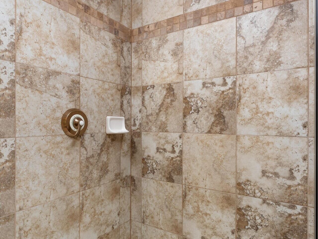 A shower with tan and brown tiled walls, featuring a simple metal showerhead and a soap dish. The tiles have a textured, natural stone appearance, and the shower floor is white with a central drain.