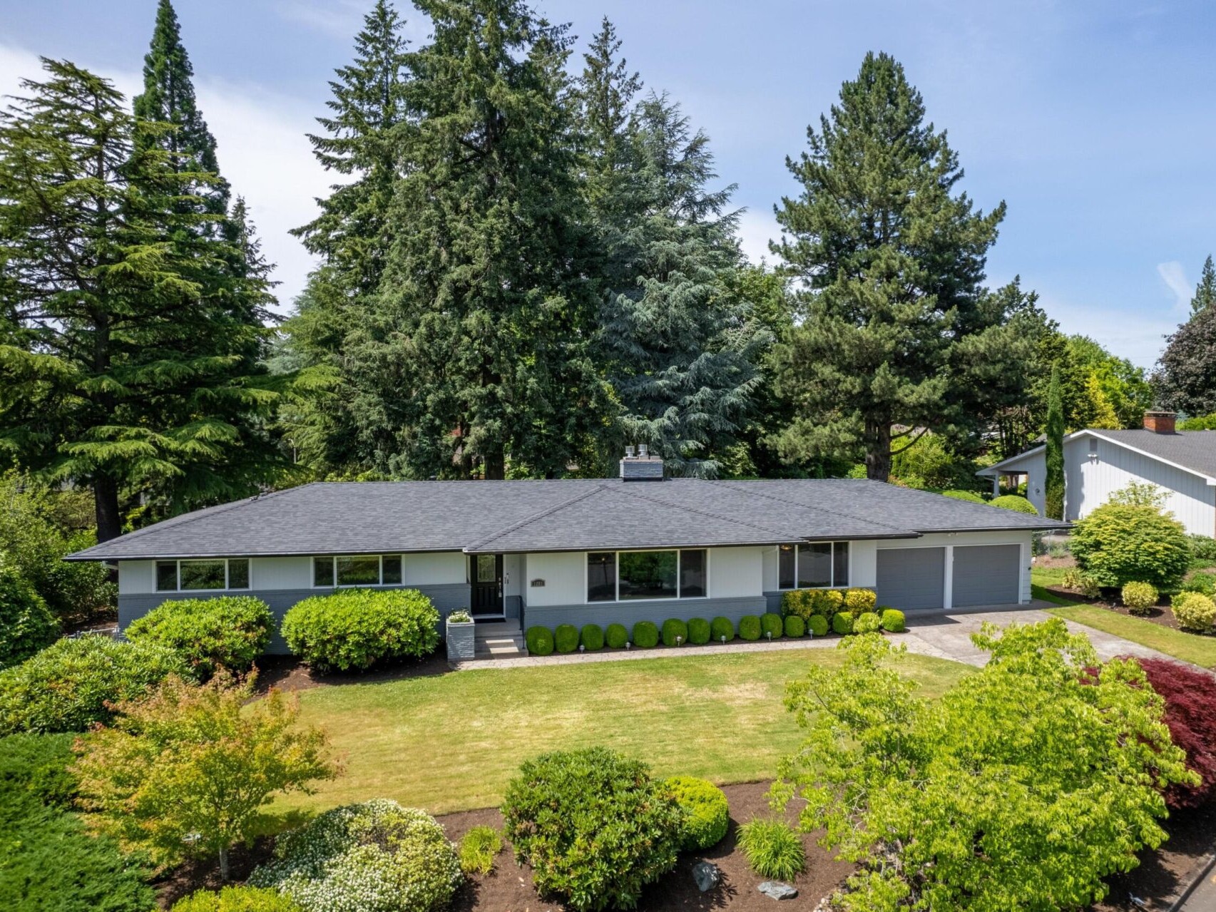 A single-story house with a gray exterior and large front windows is surrounded by a well-maintained lawn and various shrubs. Tall evergreen trees stand behind the home, and the sky is clear.