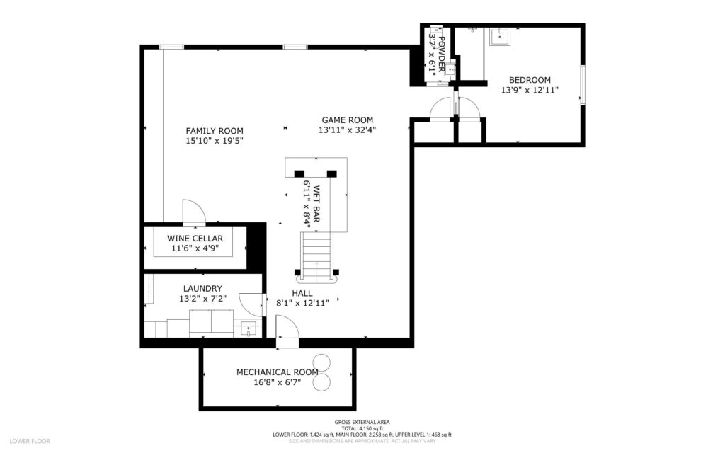 Explore the well-designed lower level floor plan of this Portland, Oregon home, featuring a spacious family room, game room, bedroom, wine cellar, laundry room, mechanical room, wet bar, hall, and bathroom. All rooms come with dimensions clearly marked alongside the sturdy staircase layout.