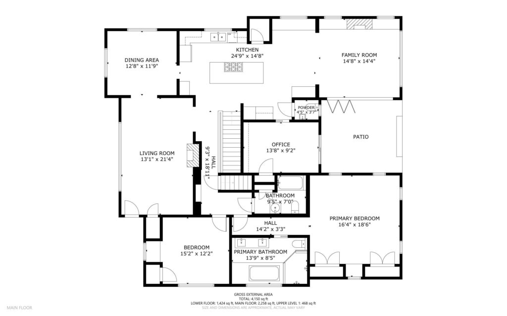 Explore this thoughtfully designed floor plan reminiscent of Portland, Oregon living. The main floor features a kitchen, dining area, living room, family room, office, two bedrooms, two bathrooms, a hall, patio, and stairs. Each spacious room is beautifully labeled with dimensions for easy navigation.