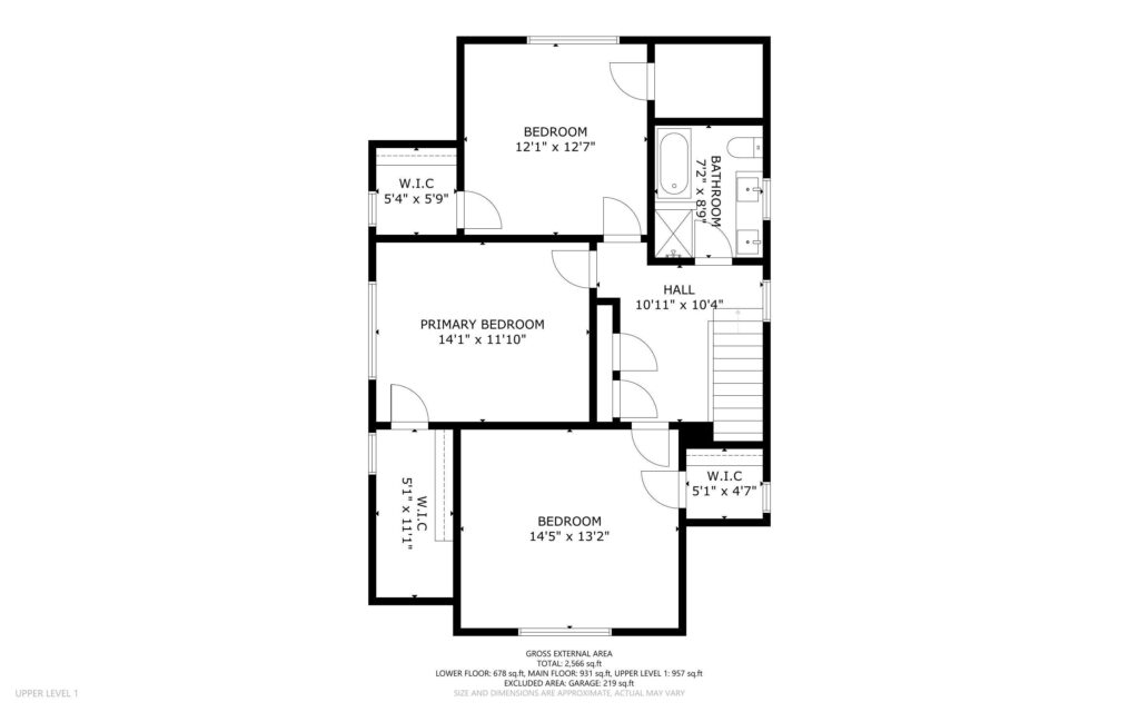 Explore this upper-level floor plan in a classic Portland, Oregon style, featuring three spacious bedrooms, a hall, two walk-in closets, an additional closet, and a bathroom. Each room is labeled with dimensions in feet and inches. Stairs elegantly descend to the lower level.