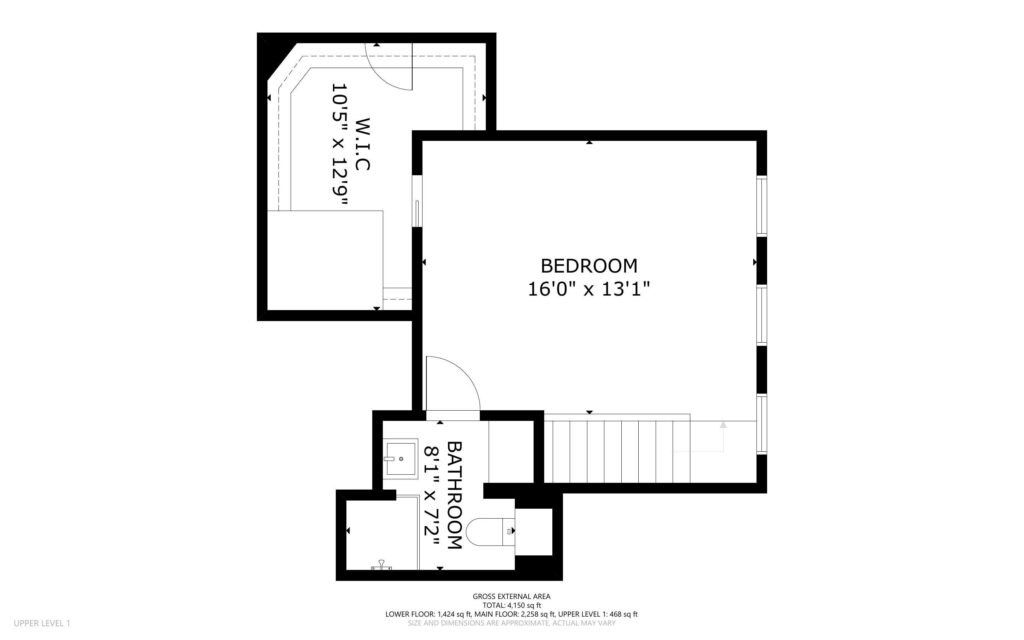 The floor plan reveals a Portland, Oregon, upper-level sanctuary with a bedroom measuring 160 x 131, complemented by a walk-in closet at 105 x 129 and a bathroom at 81 x 72. Stairs elegantly connect this space, adding to its charm. The gross external area is noted below.