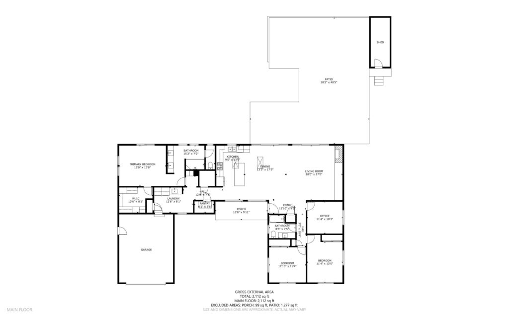 Floor plan of a large single-story home featuring multiple rooms including a garage, kitchen, dining area, living room, laundry room, three bedrooms, and two bathrooms. A patio is accessible from the dining area.