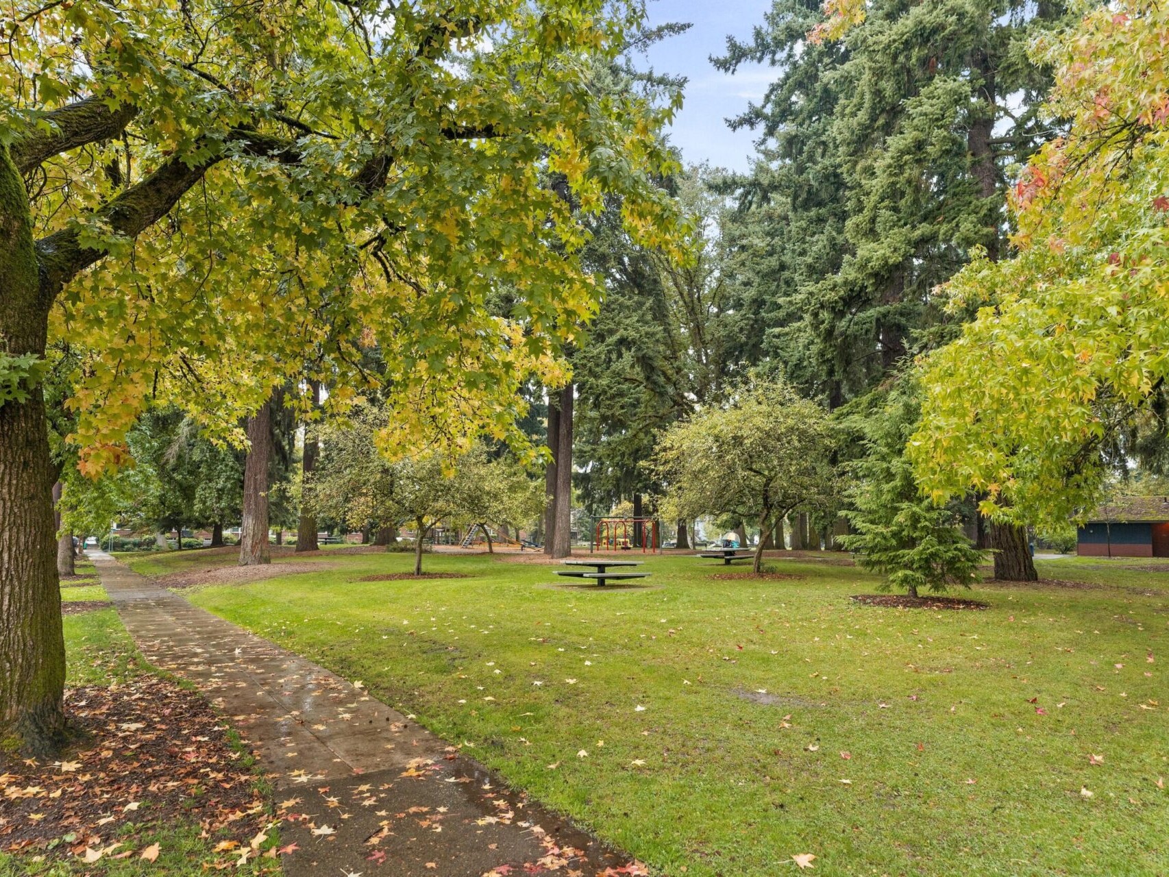 A serene park scene with green grass, large trees, and a paved pathway. Picnic tables are scattered throughout the area, and a playground is visible in the background on a cloudy day.