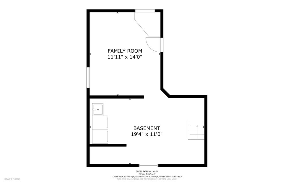 Floor plan diagram of a lower floor showing a family room and basement. The family room measures 1111 x 140 and the basement is 194 x 110. The layout includes walls, doors, and stairs, with square footage noted at the bottom.