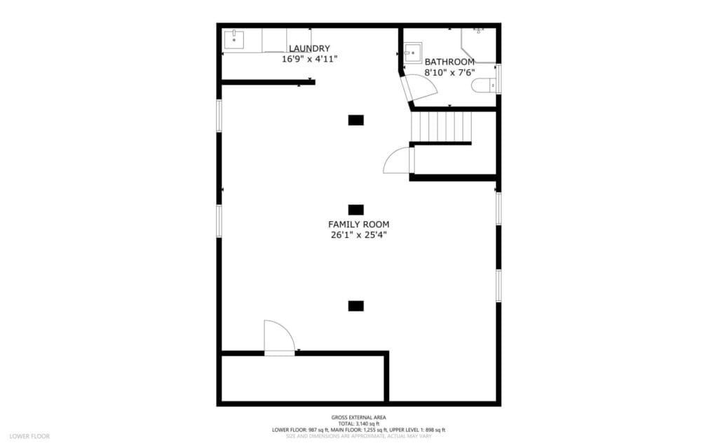 Floor plan of a lower level featuring a large family room, a laundry area measuring 169 x 11, and a bathroom measuring 810 x 76. Stairs are located at the hallway near the bathroom.