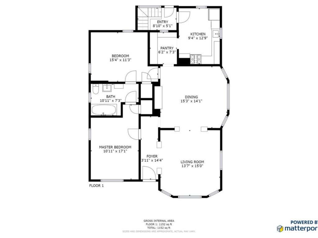 Floor plan of a single-story house featuring a living room, dining room, kitchen, pantry, entry, foyer, bathroom, and two bedrooms, including a master bedroom. Total area is 1,117 sq ft.