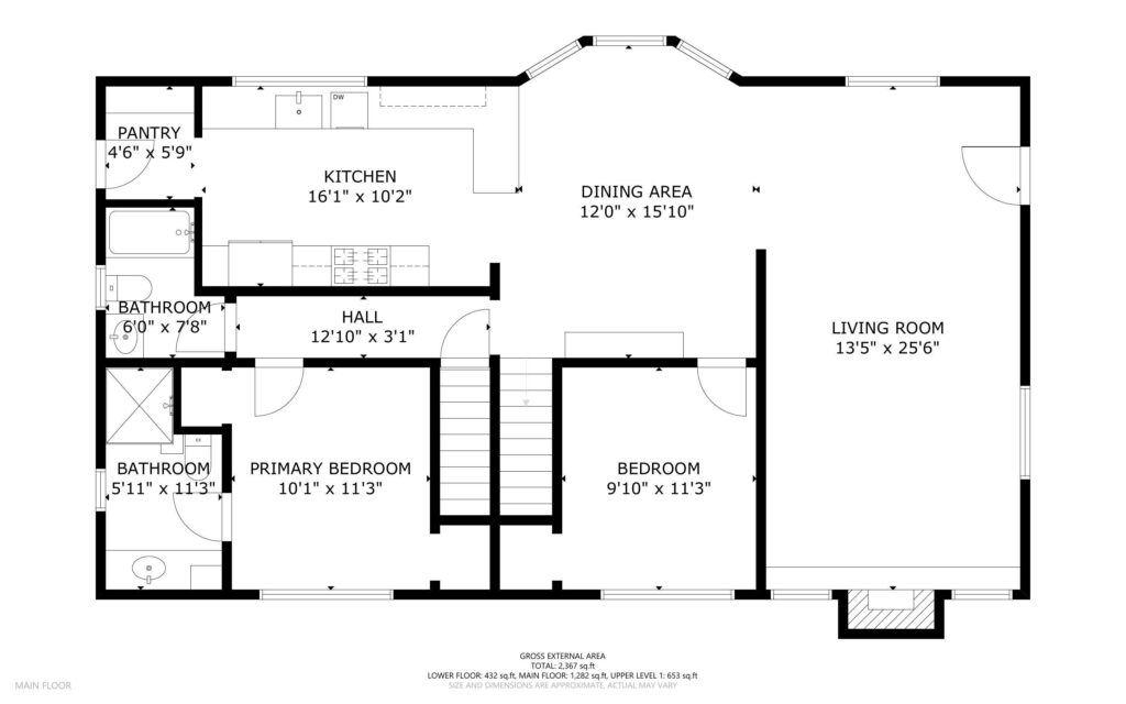 A black and white floor plan of a house showing a kitchen, dining area, living room, pantry, two bathrooms, a primary bedroom, and a bedroom. Labels indicate dimensions for each room. A staircase is visible in the hall area.