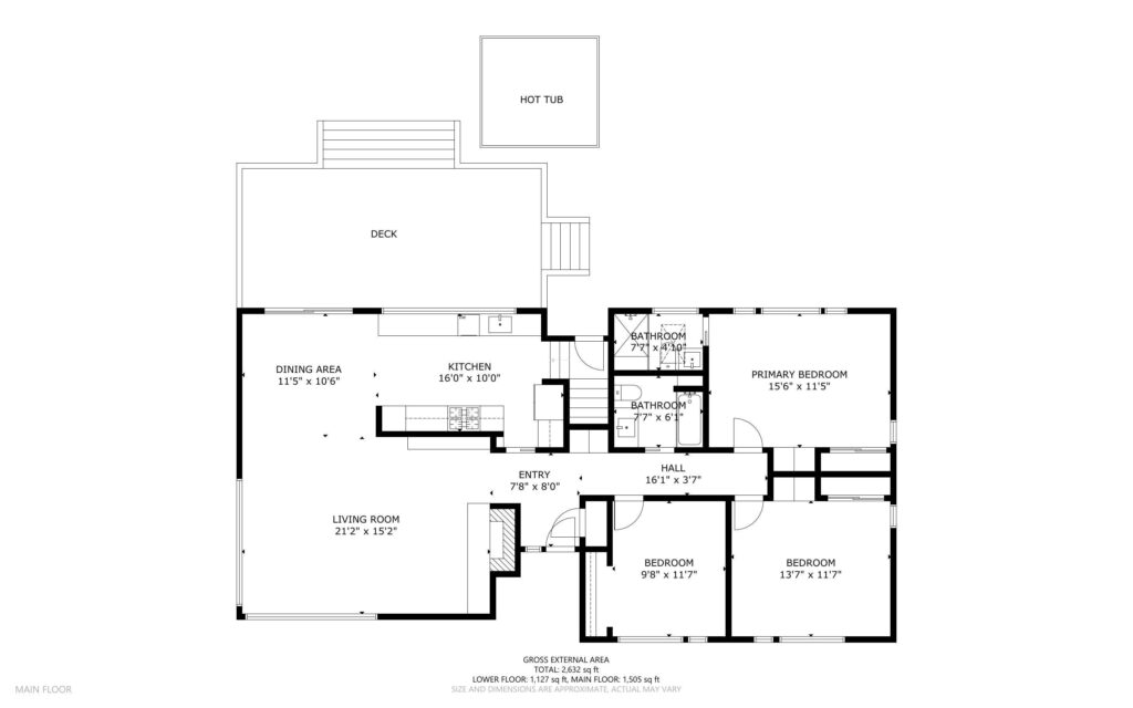 Floor plan of a house featuring a main level with a living room, dining area, kitchen, two bathrooms, three bedrooms, entry, hall, and a deck with a hot tub. Dimensions for each room are labeled within the plan.